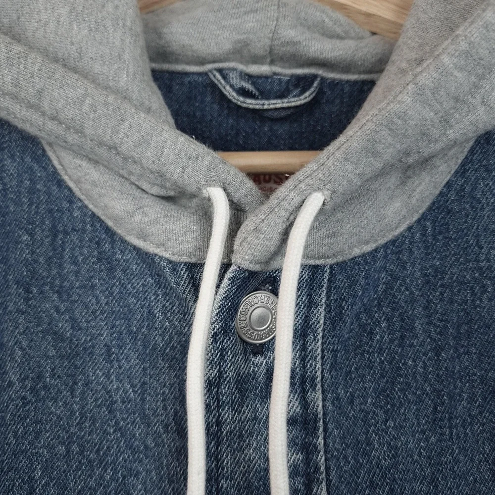 Levis Shirt Jacket Mens Medium Blue Denim Hooded Snap Front Workwear Shacket - Picture 2 of 15